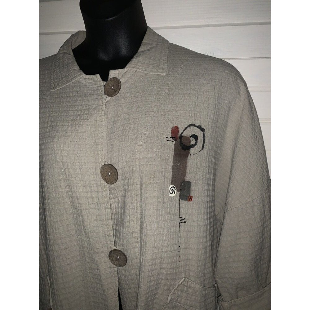 Phoenix Conexion USA Sz XL ART to WEAR Hand Painted Waffle Khaki Jacket EUC